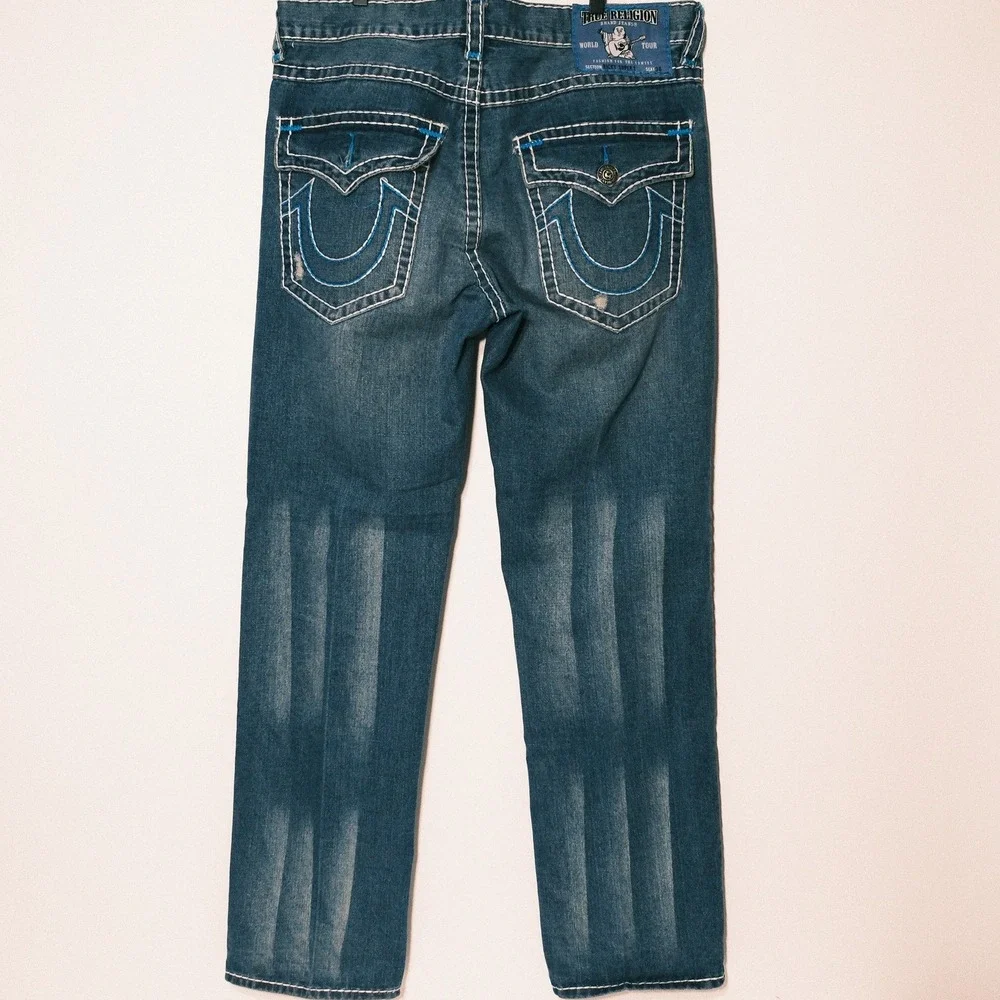 True Religion Ricky Super T Flap Jeans Men's Size 38 Black Denim White Stitch